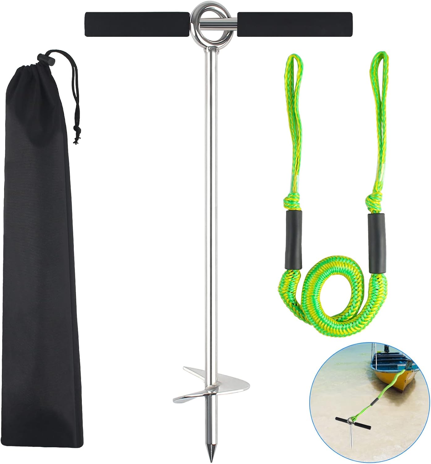 18"/24"/36" Sand Anchor,Chromium-Plated Steel Stainless Steel Boat Screw Anchor with Removable Handle,Boat Sand Anchor with Bungee Dock Line，Shallow Water Anchor for Jet Ski,PWC,Pontoon,Kayak,Canoe