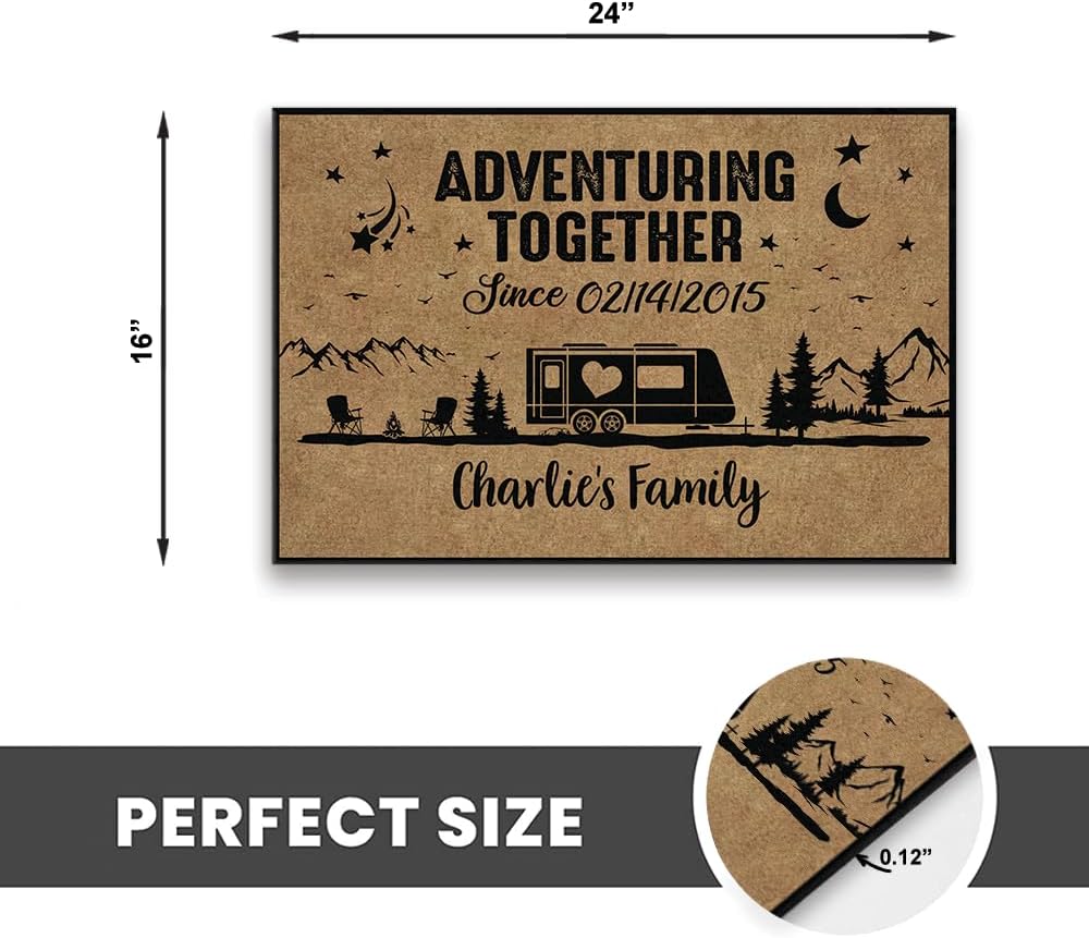 Personalized Camping Doormat - Adventuring Together Since Couple Outdoor RV Camper Mat - Custom Name RV Camping Accessories for Travel - Funny Doormat Entry Trailver Rug Gift