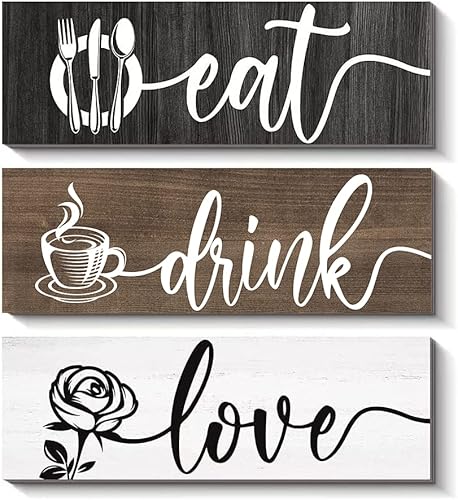Creoate Letreros de cocina para decoración de pared, 3 piezas de arte de pared de madera para comer beber y amar, decoración de pared de comedor,