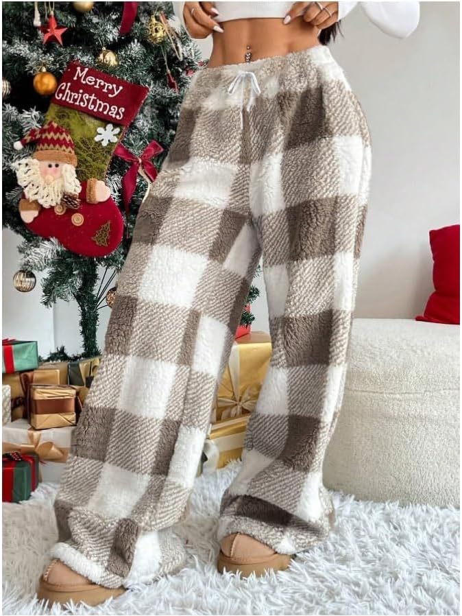 Womens Plush Pajama Pants Plaid Pj Bottoms Winter Warm Fuzzy Fleece Lounge Pants - Image 3