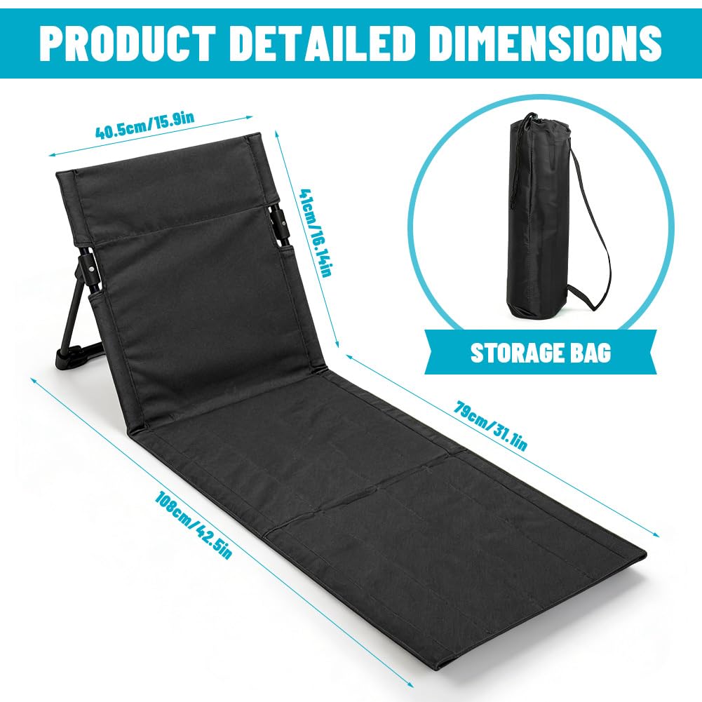 Strandmatte Sitzunterlage 0utdoor, Bodenstuhl mit Rückenstütze, Tragbar Klappkissen Strand Sitz für Strand Picknick Camping Outdoor Konzerte, 108 x 41 x 41 cm (Schwarz)