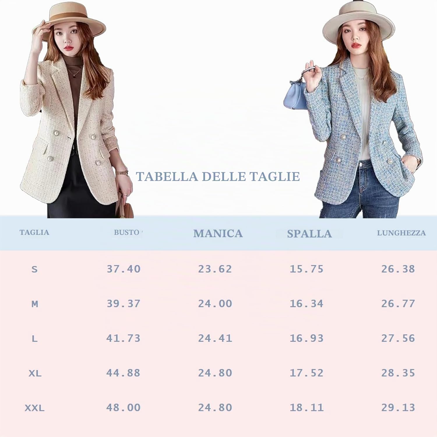 Blazer da Donna in Tweed Moda Girocollo Classico Doppio Petto Abbottonatura Ufficio Business Casual Blazer Manica Lunga Cappotto Sottile