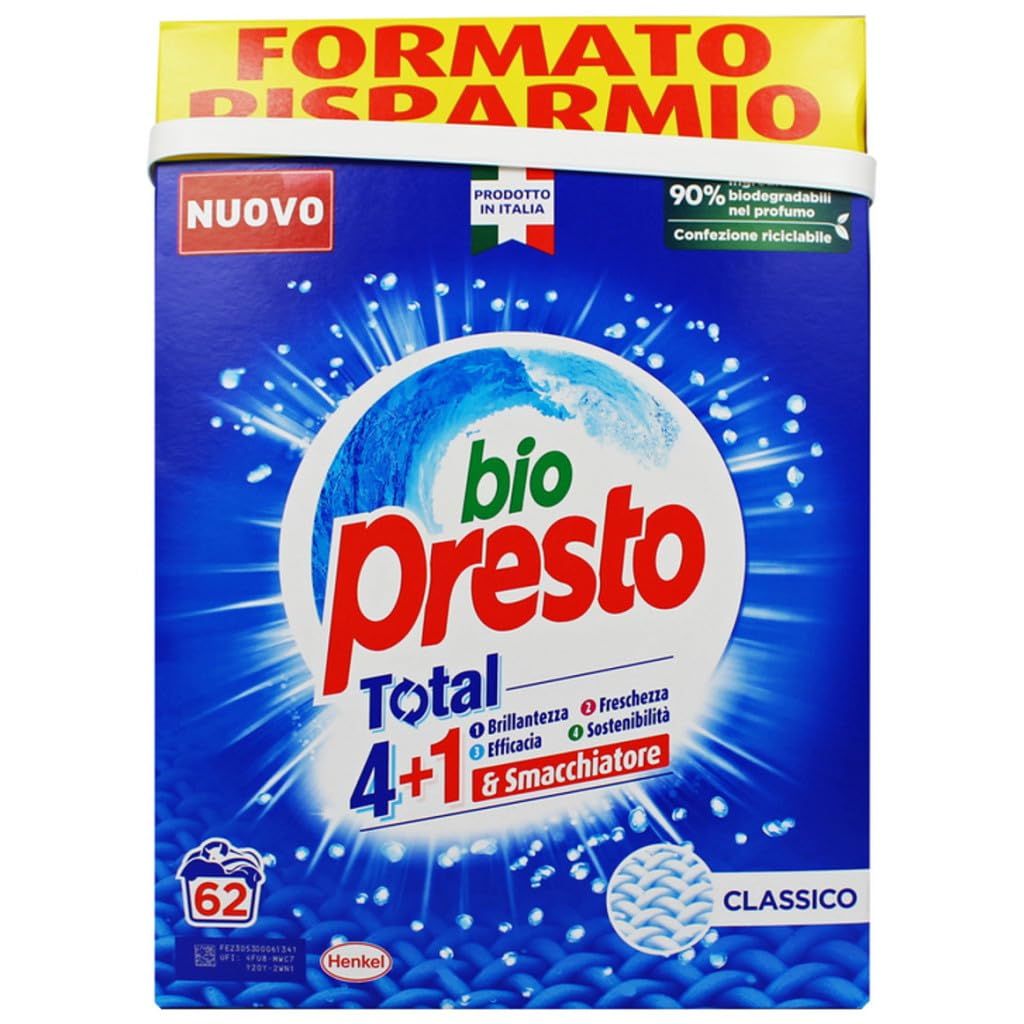Detersivo Bio Presto Detersivo Polvere Classico - Detergente en polvo elimina las manchas rápidamente, proporciona una frescura duradera, 62 lavados, 3100 g + llavero Beni Culinari gratuito