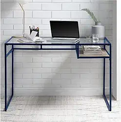 Mesa de computador de vidro com armazenamento para quarto azul e vidro 122 cm C x 61 cm L x 78 cm A