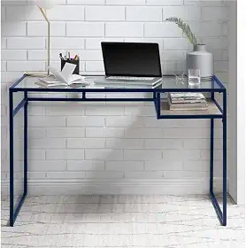 Mesa de computador de vidro com armazenamento para quarto azul e vidro 122 cm C x 61 cm L x 78 cm A