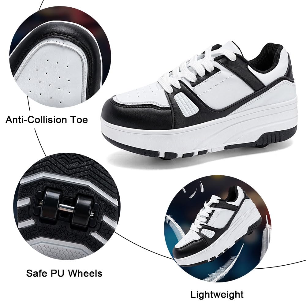 ENEN Zapatos con Ruedas para Niños y Niñas, Zapatillas de Patinaje Multifuncionales Rosa Blanco/Negro Blanco