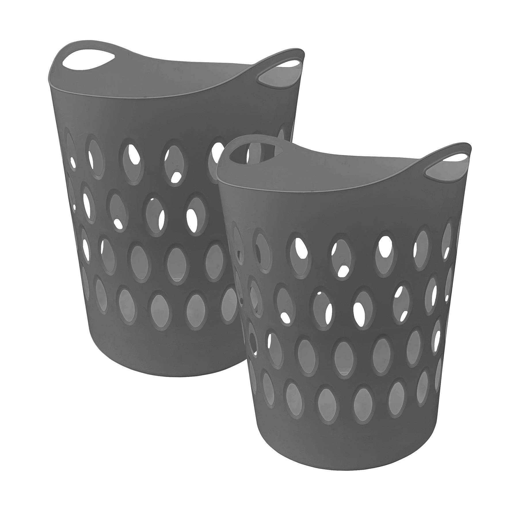 60L Large Flexible Lightweight Plastic Laundry Hamper Basket with Aerate Hole Design and Side Handles - Grey Set of 2 Baskets - 57cm (H) x 45cm (W) x 41cm (D)