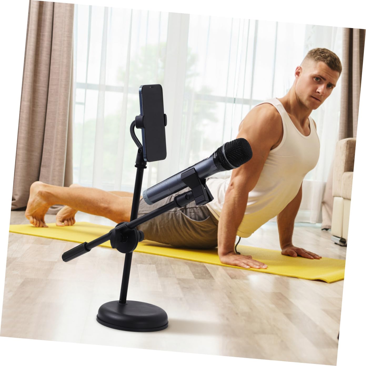 Supporto per Microfono da Tavolo Telescopico e Regolabile Clip e Supporto per Telefono, Base Stabile per Podcasting, Registrazione e Uso Casalingo