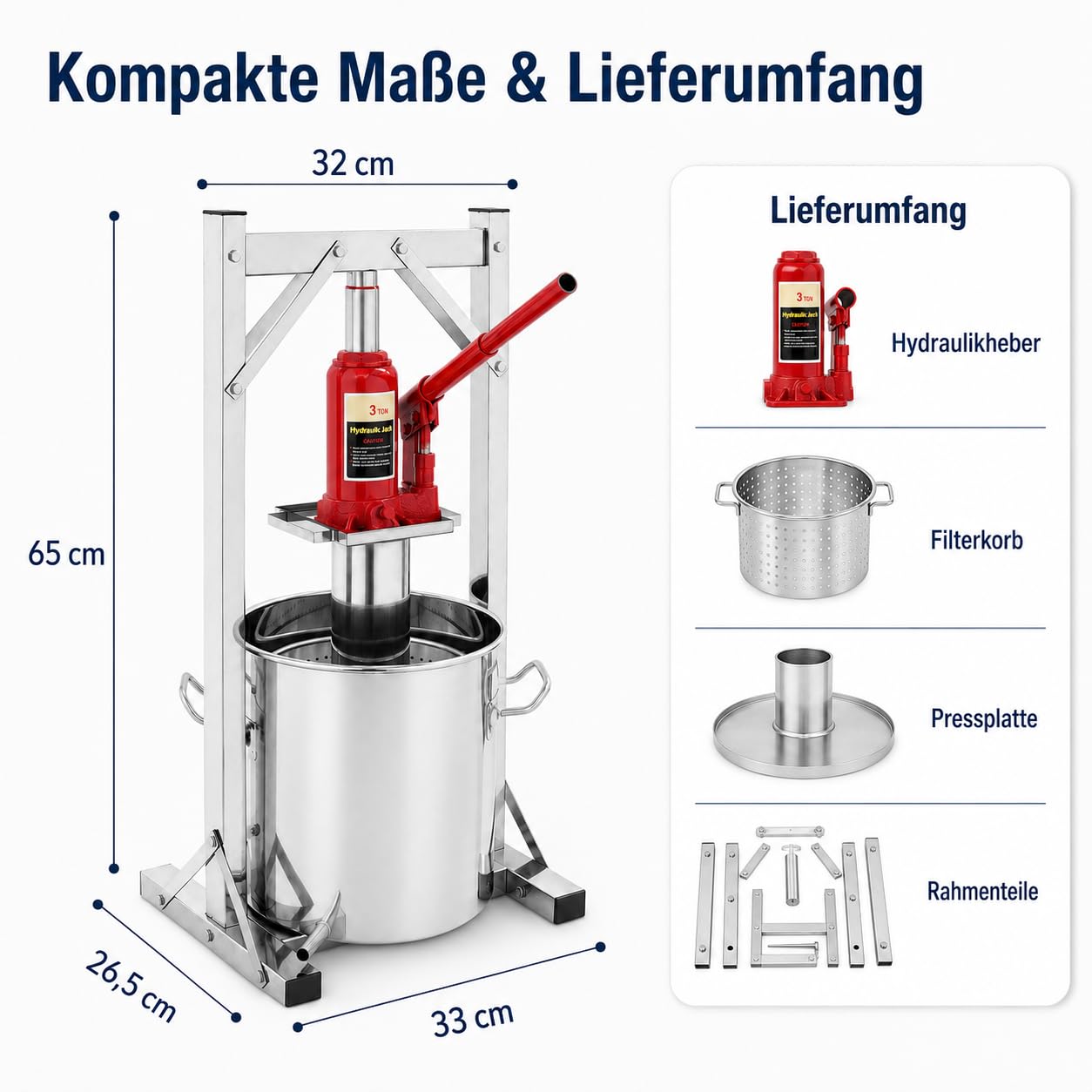 12L 3T Edelstahl Obstpresse Obstmühle Frucht Saftpresse Weinpresse Apfelpresse mit Trommel, ​Pressenrahmen und Hydraulic Jack