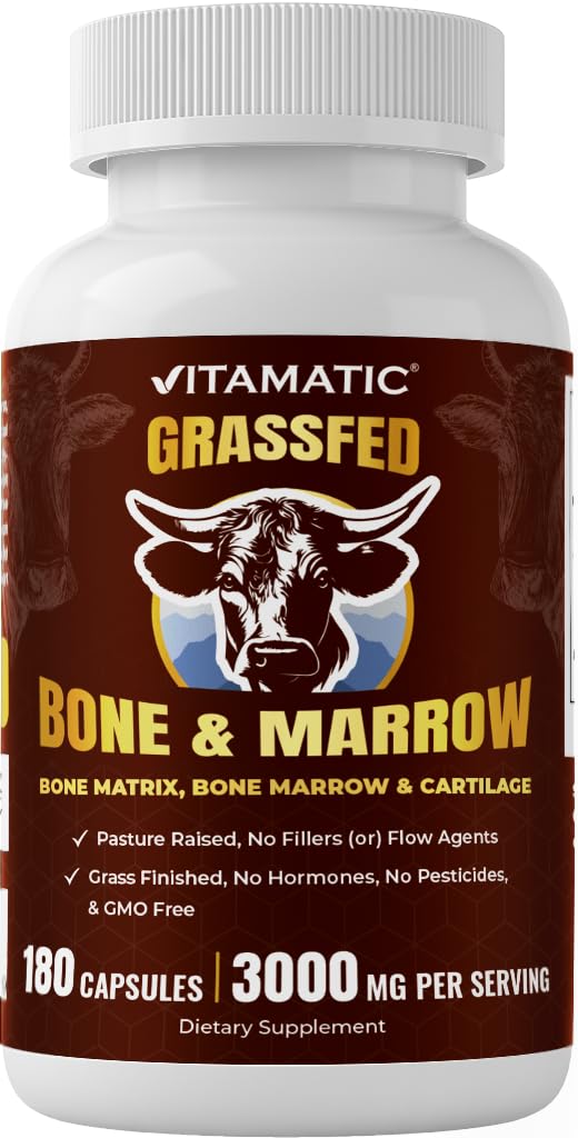 Vitamatic Grass-Fed Beef Bone & Marrow 180 Capsules – Freeze-Dried, Non-GMO, Bovine Liver Supplement – Pasture-Raised, Glandular-Based Formula Bone + Marrow 180 Count (Pack of 1)
