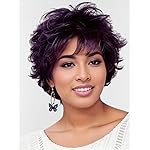 TISHINING Short Purple Pixie Cut Wigs for White Women with Bangs Layered Ombre Purple Mixed Black Curly Wig Natural Looking Synthetic Short Hair Wigs for Cosplay Party Use
