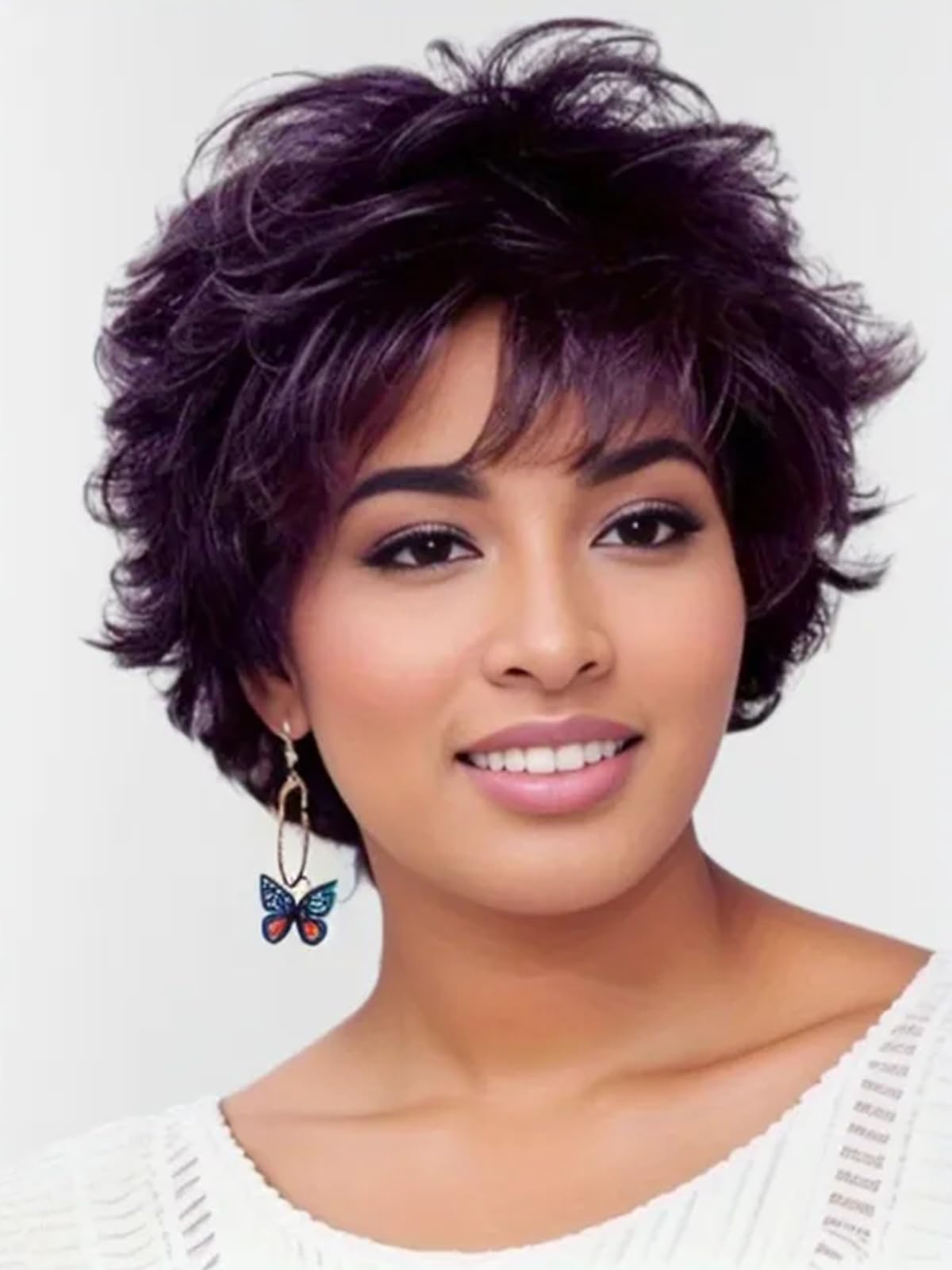 TISHINING Short Purple Pixie Cut Wigs for White Women with Bangs Layered Ombre Purple Mixed Black Curly Wig Natural Looking Synthetic Short Hair Wigs