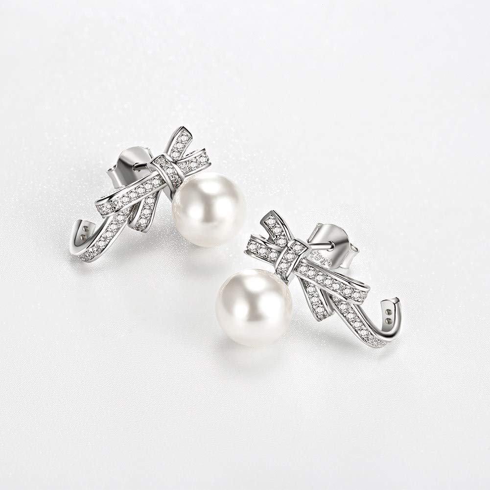 Wunderschöne Kristalle aus 925er Sterlingsilber, Schleife, Perlen-Ohrstecker für Damen, Ohrringe, Schmuck