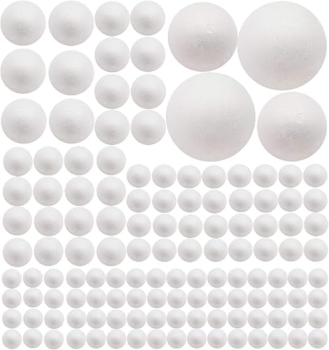 Paquete de 129 bolas de espuma para manualidades, 7 tamaños incluyendo 1-4 pulgadas, bolas redondas lisas de poliestireno blanco, bolas de espuma