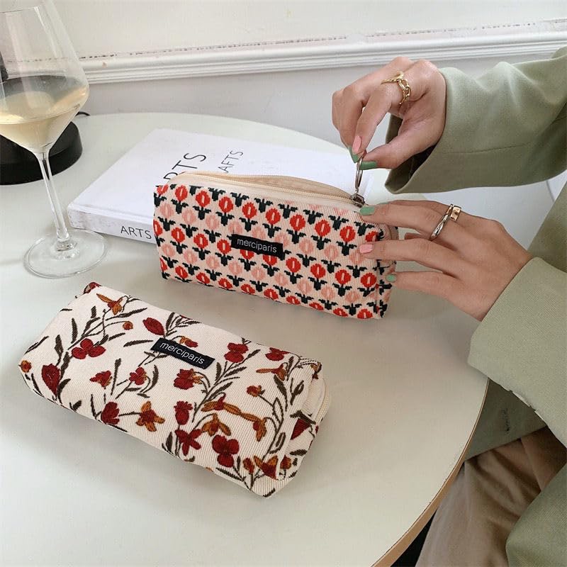 Image of Flower Prints Pencil Pen Pouch Purse Bag Cosmetic Case Organizer Soft Cotton Canvas (C)