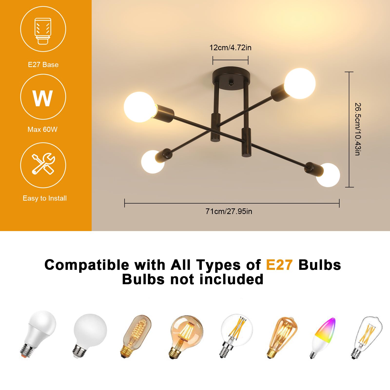 Comely Lampadario Industriale, Plafoniera Sputnik Vintage a 4 Luci E27, Lampada da Soffitto Moderno in Metallo Nero per Soggiorno, Camera da Letto, Cucina, Corridoio