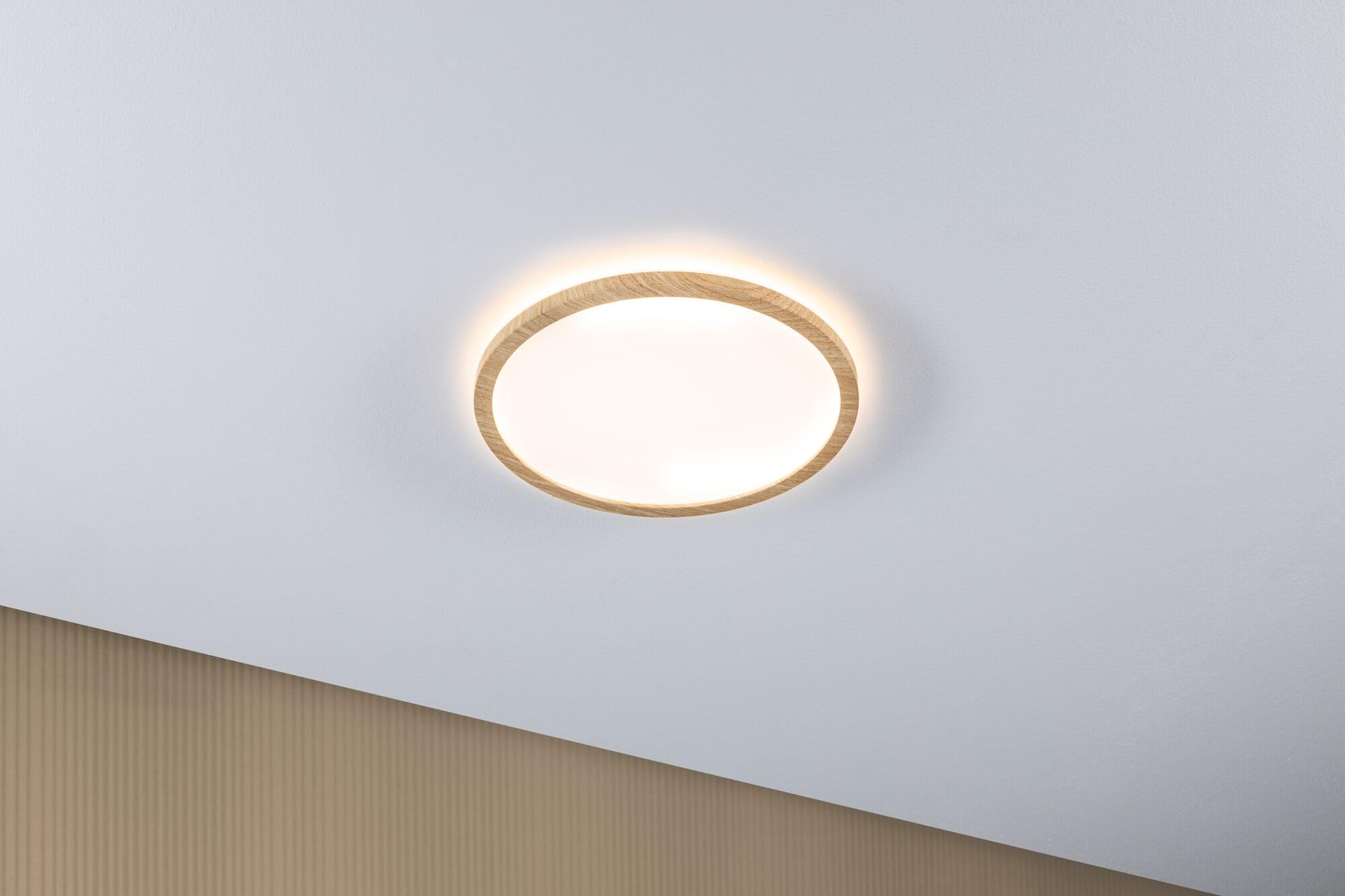 Paulmann 71028 Panel LED Atria Shine plafón con Backlight redondo IP44 16W 1600lm 293mm acabado madera plástico 3000K blanco cálido luminaria de baño