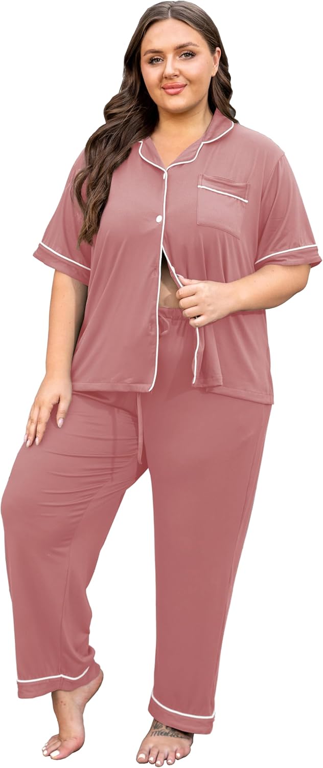 Vozanet Women's Plus Size Pajamas Button Down Shirt and Pants Soft Lounge Sets Bride Nighty Bottom with Pockets 1x to 5x