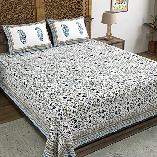 Image of BLOCKS OF INDIA Hand Block Printed 200 TC Cotton King Size Bedsheet (Grey Brown Jaal)
