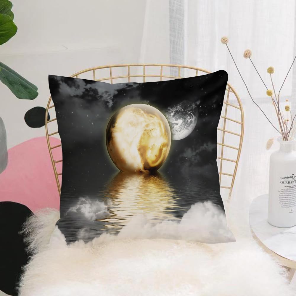 HYMSXW Cushion Cover,Throw Pillow Case Home Decorative for Living Room Bedroom Sofa Chair 20X20 Inch,moon over the sea，Close-up ofstellar mirror lake surrounded by twin planets,Pillowcase 50X50cm
