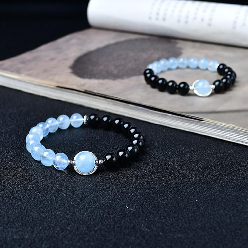 Pulseras de Cuentas de Cristal para Mujeres y Hombres, Pulseras de Aguamarina de obsidiana Negra para meditación, aliviar el estrés, equilibrar Las emociones, Piedras Naturales,A