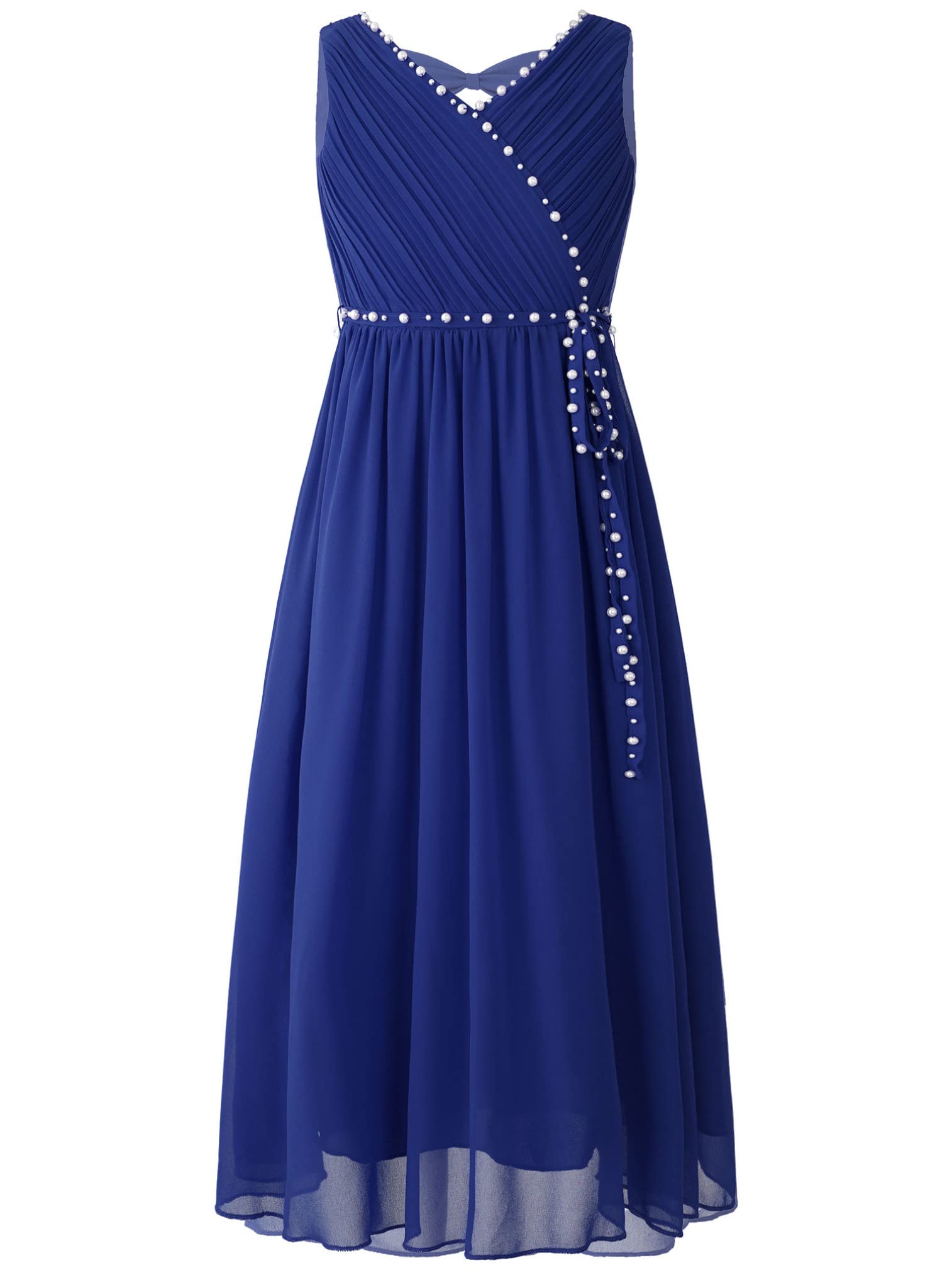 ranrann Robe de Cérémonie Fille Long sans Manches avec Perles Nœud Papillon | Robe Mariage,Demoiselle d'Honneur,Princesse,Bal,Soirée,Communion,Fête,Anniversaire pour Enfant 5-16 Ans