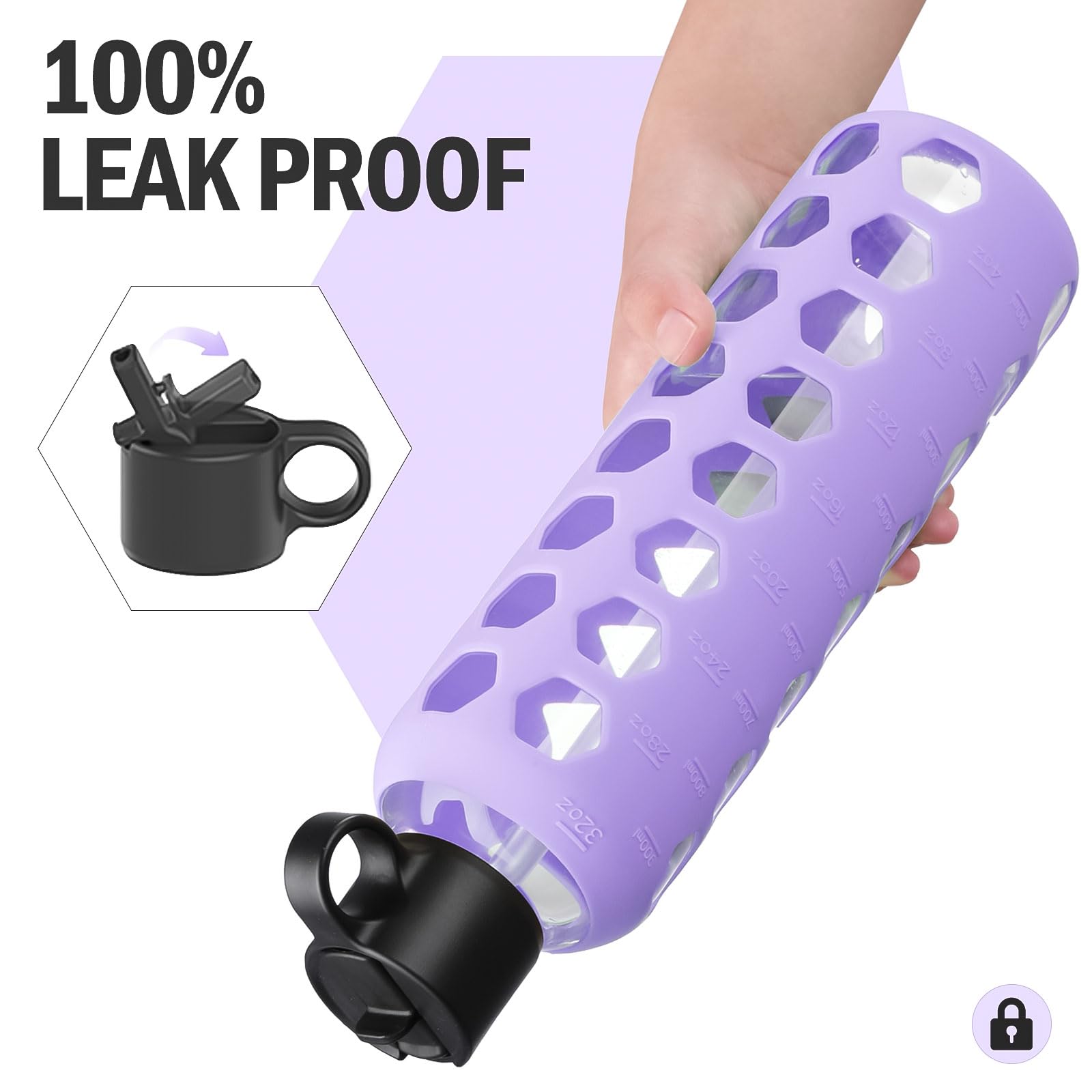 BLUEGO Borracce in vetro, 900ml Bicchiere in vetro, Bottiglie per bere con 2 coperchi, Bottiglia per l'acqua sportiva con custodia in silicone, A prova di perdite, Viola