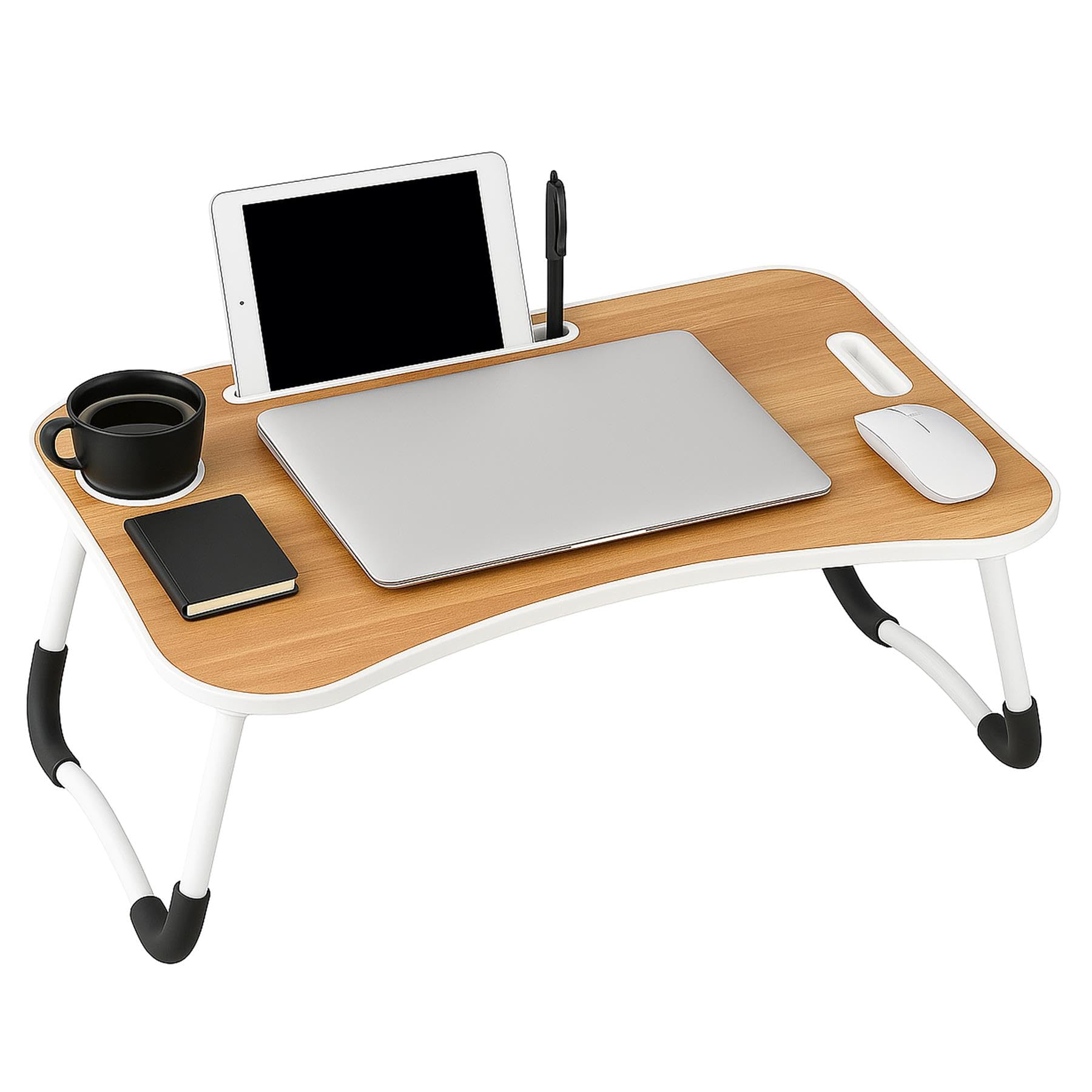 Itrend Walnut Laptop Bed Table, Laptop Desk With Foldable Legs & Cup Slot, Portable Tablet Notebook Stand Breakfast Bed Tray With Curved Design Charging Slot & Handle For Sofa, Bed, Terrace, Balcony,