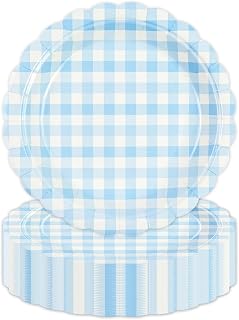 50PCS 7 Inch Blue Gingham Paper Plates,Scalloped Edge Disposable Cake & Dessert Plates - Elegant Light Blue Party Paper Plates for Birthday, Wedding, Shower Decorations
