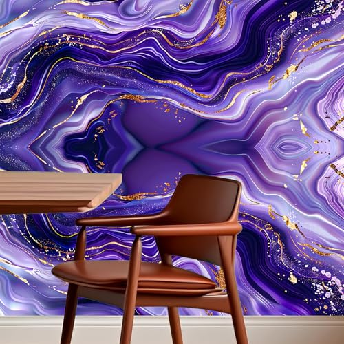 Image of Nuxovilar Blue Purple Gold Foil Marble Wallpaper Peel Stick 15.75x39.37