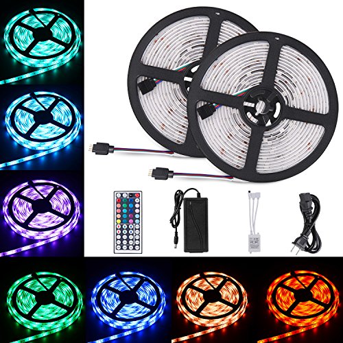 Remote Controlled LED Strip Kit, 2 x 16.4FT 300LEDs SMD5050 RGB Strip Light, Waterproof Rope Light with 44-Key IR Controller + 12V Power Supply for Home Garden Decoration