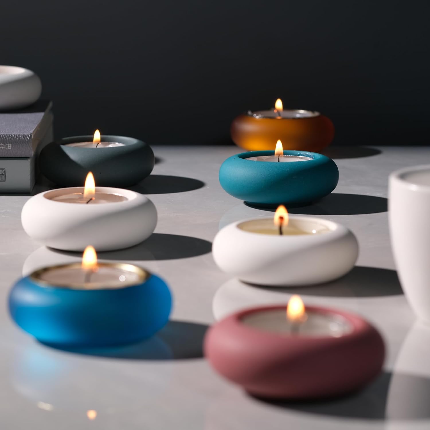 Handmade Decorative Pebble Tealight Candle Holders Set of 2 - Handcrafted Home Decor Accent for Calming Earthy Aesthetic Cement Peacock Blue Diameter 2.6 inches