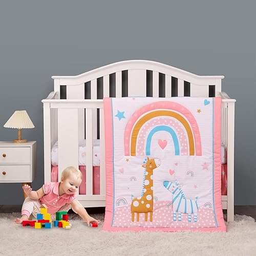 Juego de ropa de cama para cuna para niñas, 4 piezas, bohemio, arco iris, rosa, juego de ropa de cama para guardería con edredón de bebé, sábana