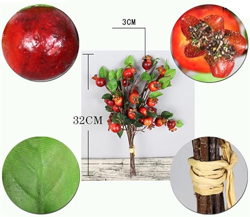 Miniatura 3 de EXCEART Bayas artificiales de rosa mosqueta y tallos de frutas de granada, 5 decoración de mesa de comedor, tallos de bayas rojas artificiales,