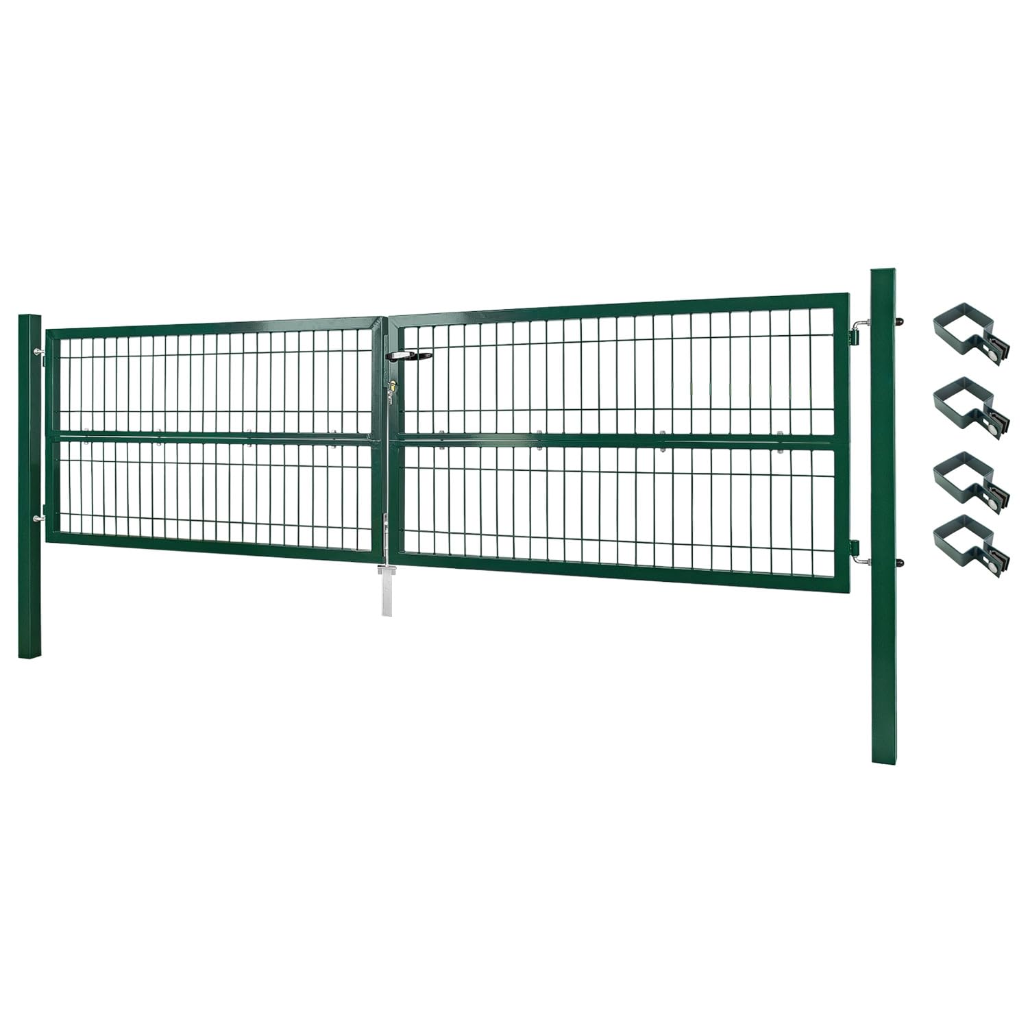 Gartentor Tor 300 x 80 cm Gartenzaun Zaun Doppelflügelig Gartentür aus Metall für Stabmattenzaun Abschließbar inkl. Pfosten Grün V2Aox