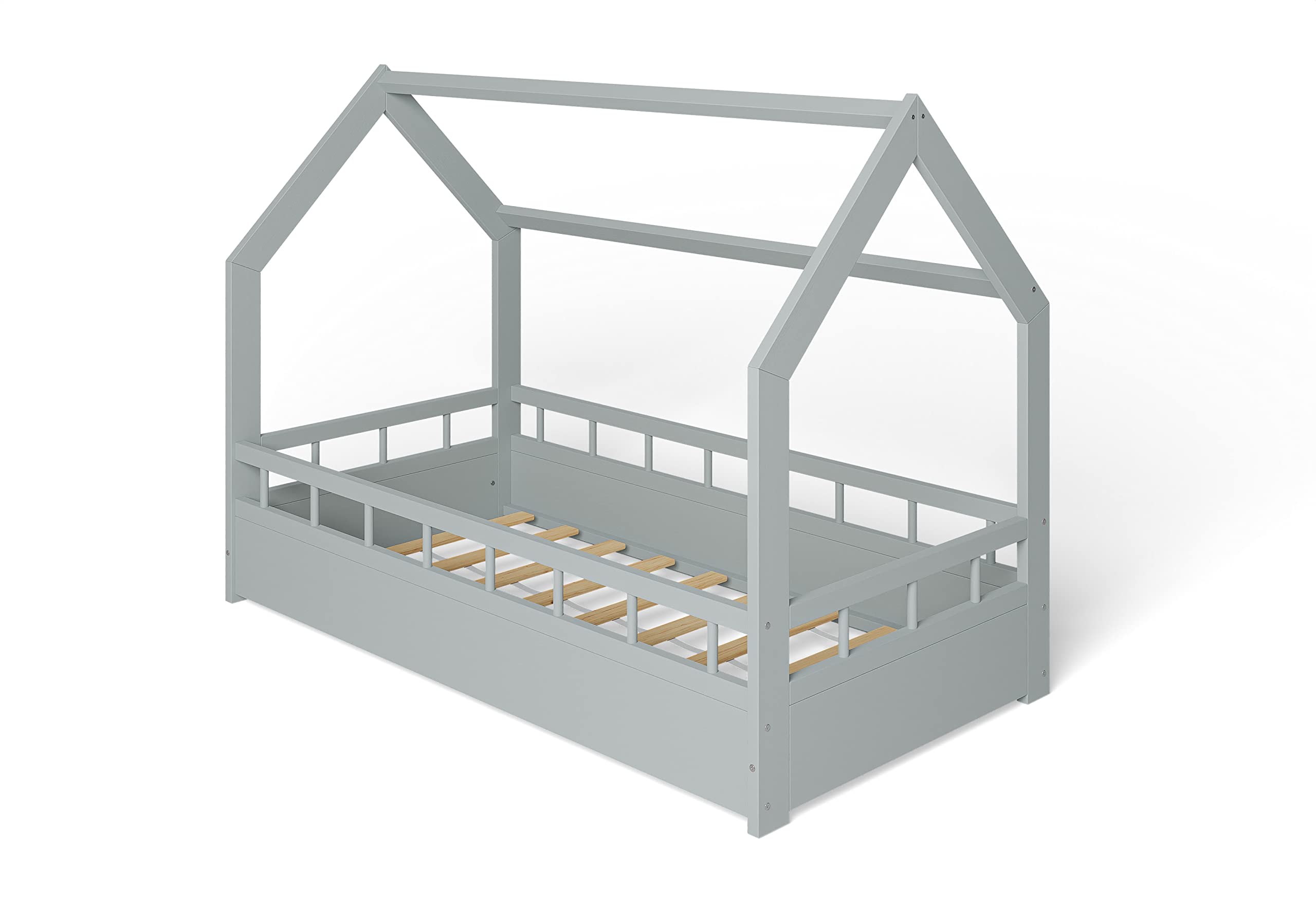 Lit Enfant Bébé Maison 80x160 cm en Massif Cabane avec Protection Anti-retombée Barrière Sécurité Gris