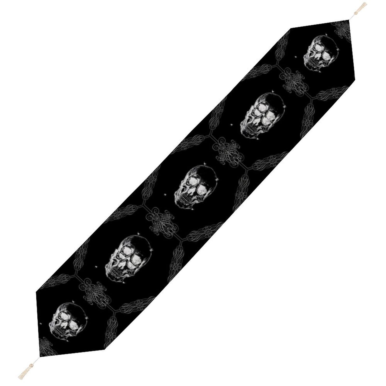 JZemdybill 178*33cm Table Runner with Tassel, Black Scary Skull Table Runner, Table Decoration for Kitchen, Party, Restaurant