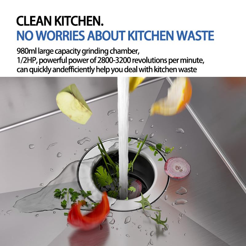 Potente triturador de basura para fregadero de cocina con fácil instalación, potencia de molienda de 2800-3200 rpm, reduce atascos, motor de 1/2 HP, gran capacidad de 980 ml para una gestión eficiente