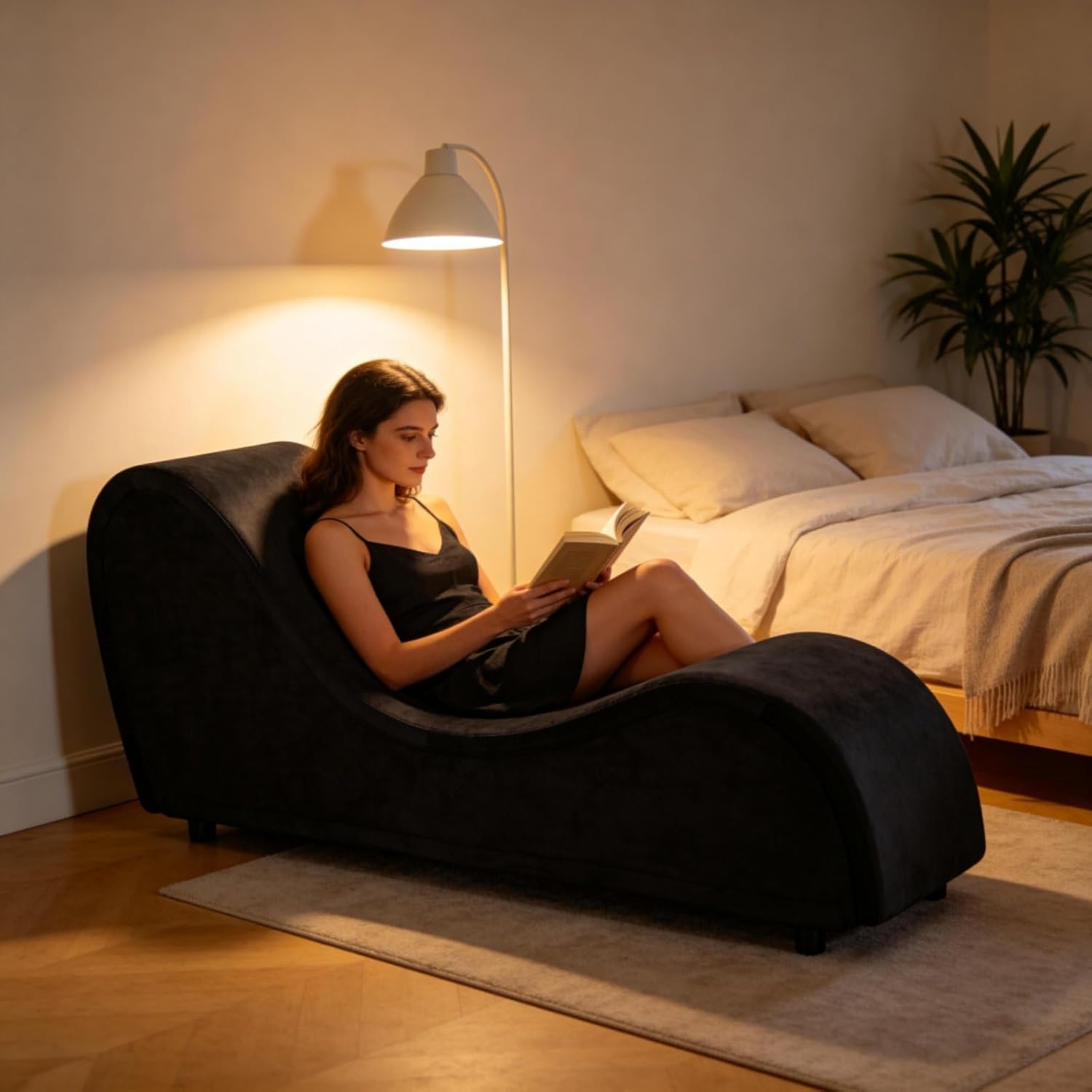 Curved Lounge Bench Chair for, Relaxing, Chaise Chairs with Removable Cover, Metal Frame (Black Velvet)