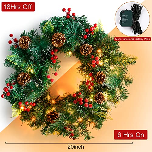 Sggvecsy Christmas Wreath 20’’ For Front Door With 40 White Led Lights Pine Cones Red Berries Battery Operated Artificial Christmas Wreath For Home Outdoor Indoor Winter Xmas Wall Hanging Decoration #TOP4