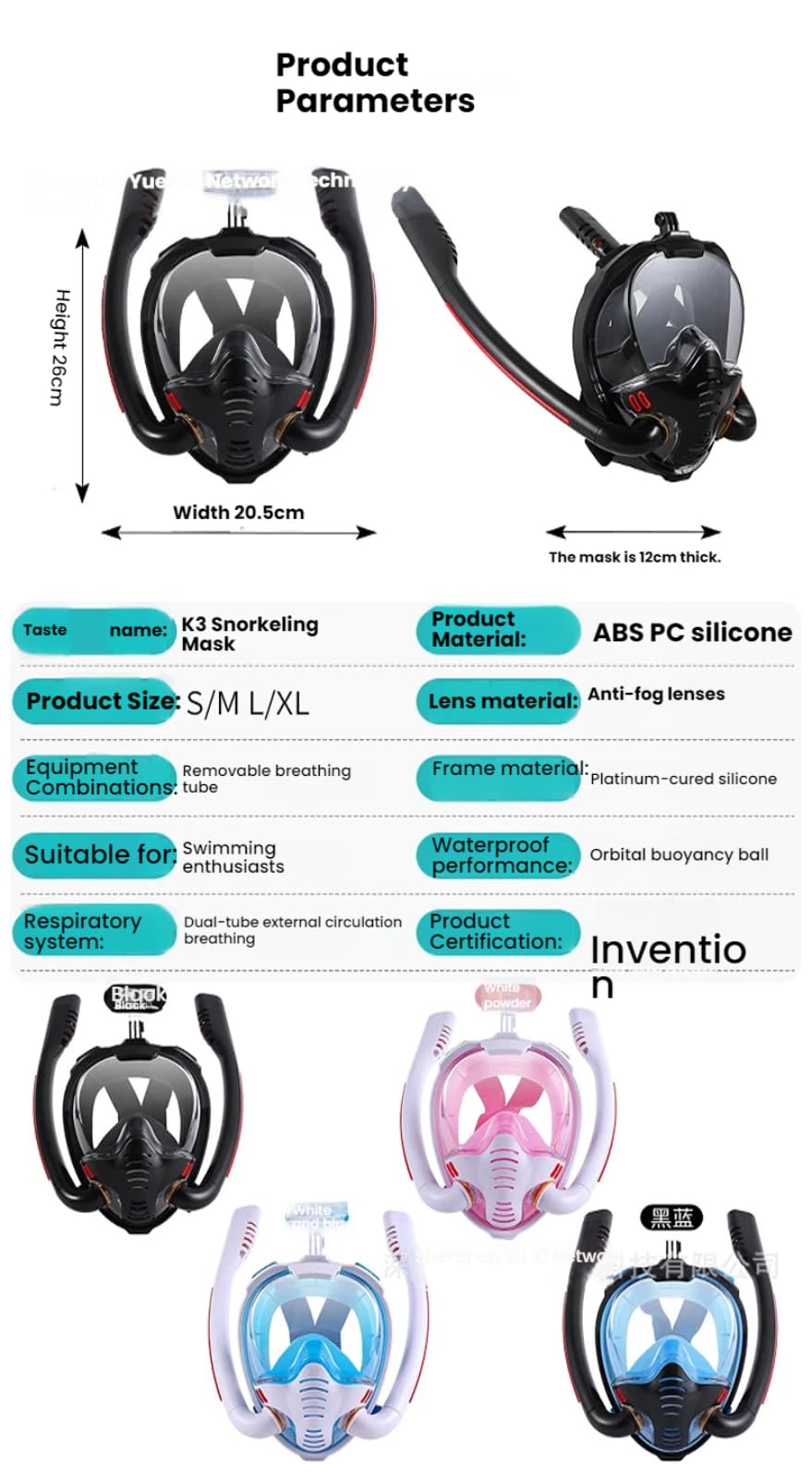 Maschera da snorkeling integrale, anti appannamento, a prova di perdite, panoramica, ampia vista, Dry Top, maschera subacquea con cinghia regolabile per la testa per adulti e bambini, per snorkeling