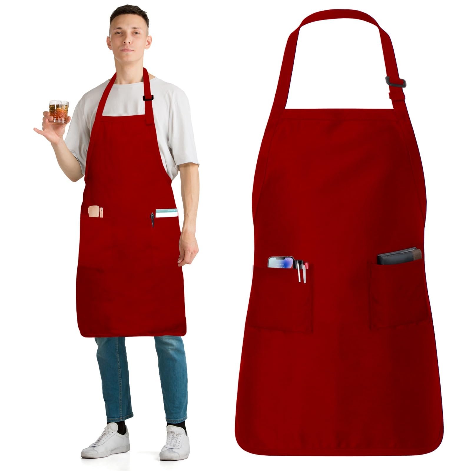 Adjustable Cotton Chef Aprons with 2 Pockets and Complimentary Bandana, Kitchen Apron for Women and Men