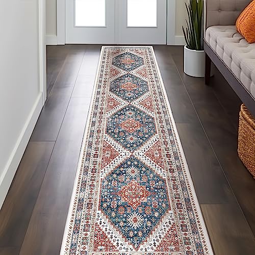 Madane Hallway Runner Rug 2x12, Extra Long Washable Runner Rugs with Rubber Backing, Non Slip Carpet Runner for Hallway, Vintage Rug Runners for Kitchen Laundry Room Entryway (Navy Blue, 2'x12')