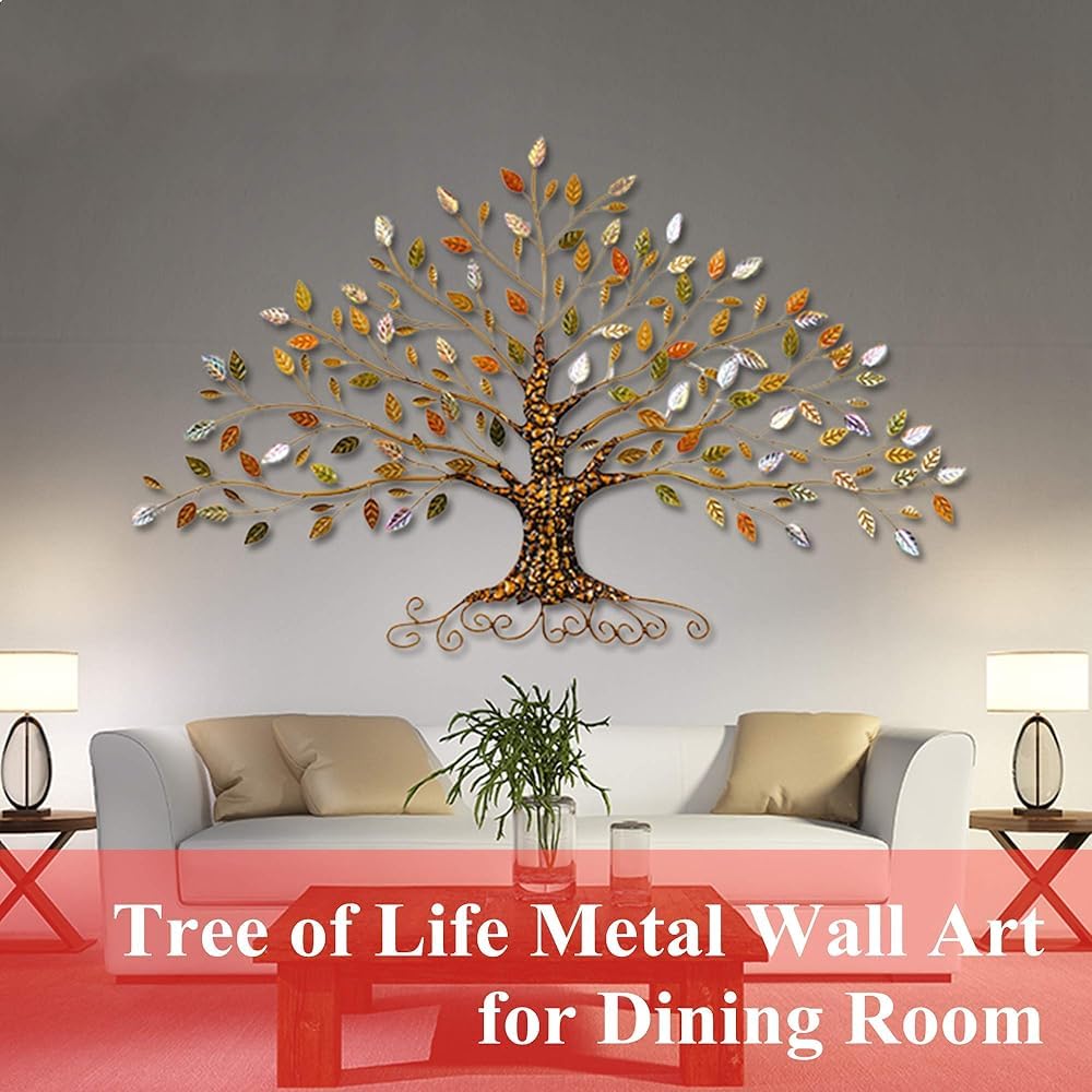 Decorazione da parete in metallo con albero della vita 3D, scultura artistica da parete con foglie a strati, stile lussuoso da appendere alla parete per soggiorno e ufficio