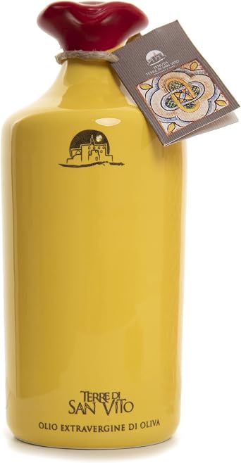Terre Di San Vito Extra Virgin Olive Oil   Yellow Terracotta Jar 475ml | 100% Organic and Locally Grown   No Synthetic Fertilizers or Pesticides | Hand-painted Jars   Handmade Storage Vessel
