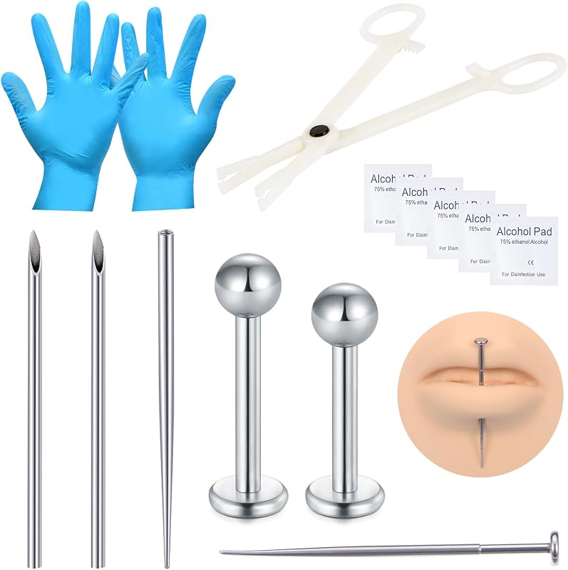 Kit para piercing DJCIW com agulhas descartáveis 12G, 14G, 16G e 18G, pinça e taper
