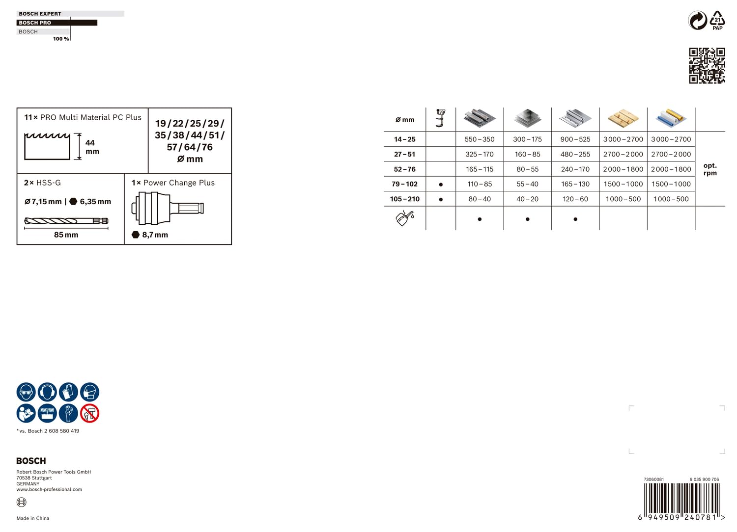 Bosch Pro Multi Material Power Change Plus - Set di 14 seghe a tazza per legno tenero, muro a secco, Ø 19 – 76 mm, accessori professionali, trapano/cacciavite)