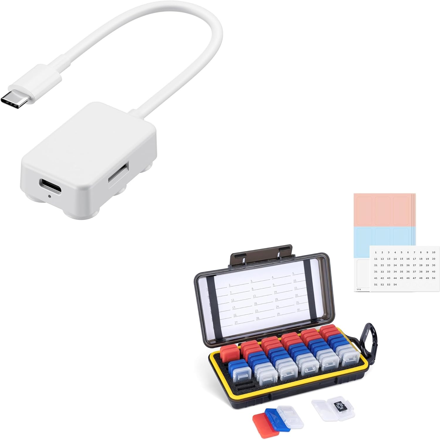Micro SD Card Case+ TF Card Reader: Dual Protect Micro SD Card Case with 54 PCS Clear Memory Card Holders with USB C to MicroSD Memory Card Adapter