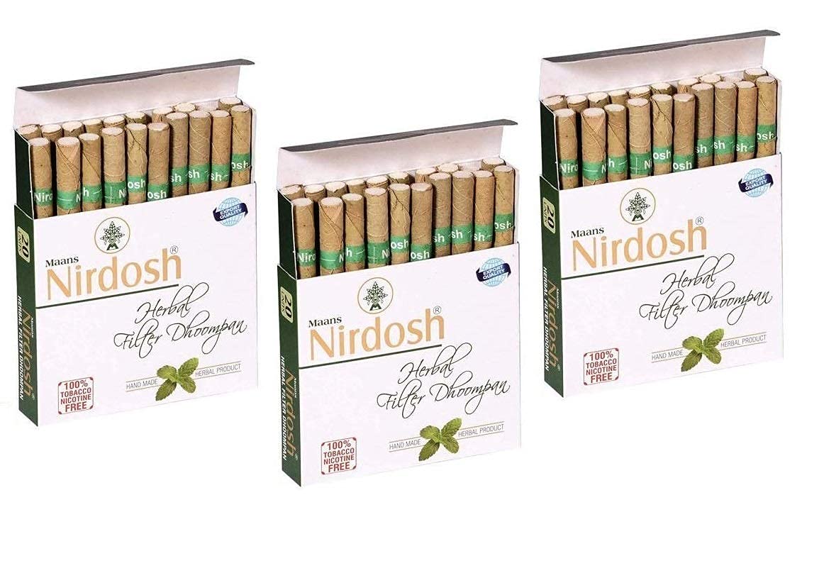 Livebasil Overseas Nirdosh Herbal Dhoompan Pack of 3, Light Green, with Filter Small, Tobacco free Herbal cigarette 20 Sticks (Pack of 3 x 20 Sticks)