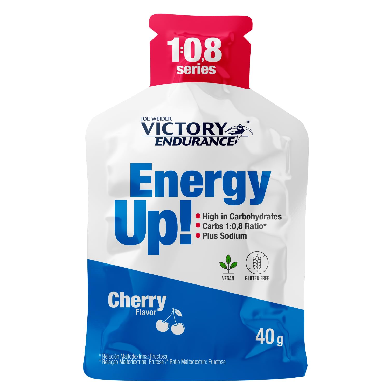 Victory Endurance Energy Up Gel 1:0,8 Series (24x40g) Sabor Cereza, Alto en Carbohidratos Ratio 1:0,8 maltodextrina:fructosa para energía adicional, rápida absorción, extra de sodio, vegan, sin gluten